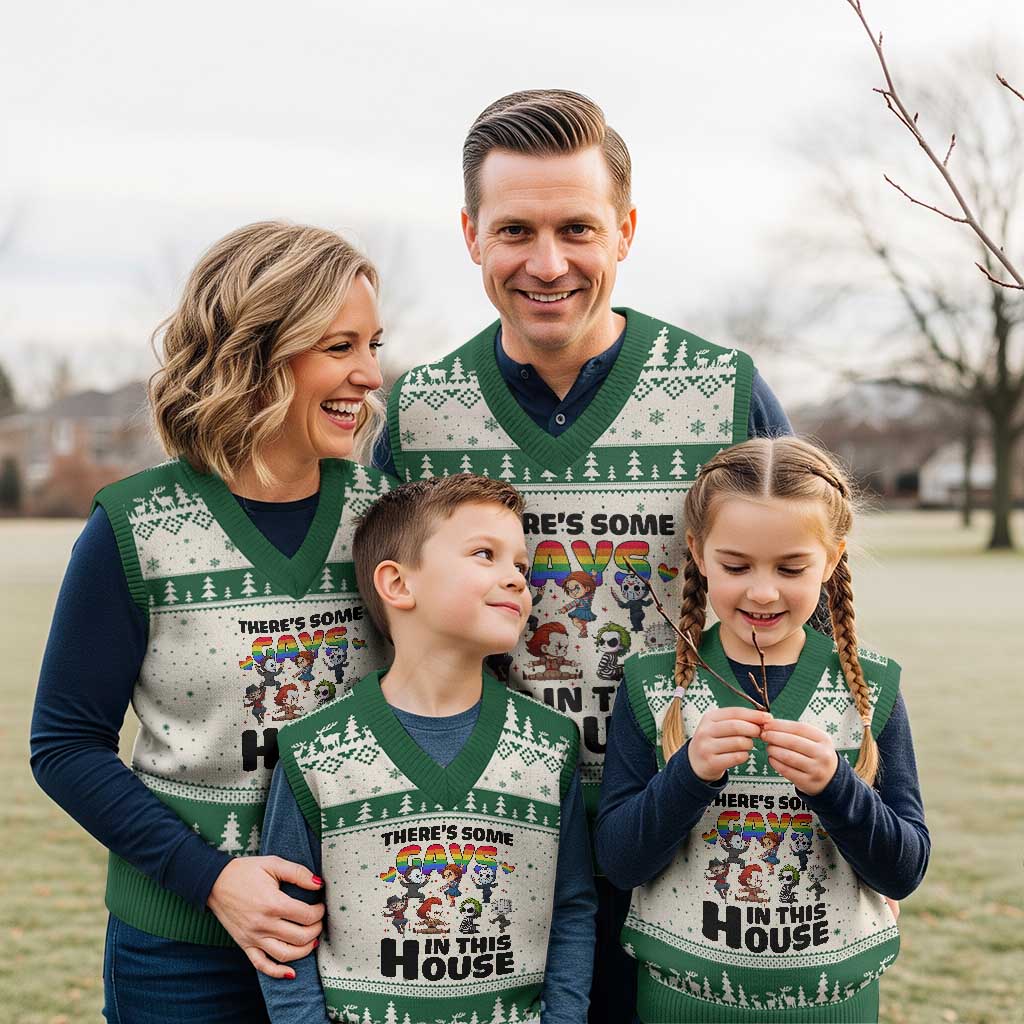 There's Some Gays in This House V-Neck Knit Sweater Vest Funny LGBTQ+ Horror Character Pride Mashup TS02 Beige Green Print Your Wear