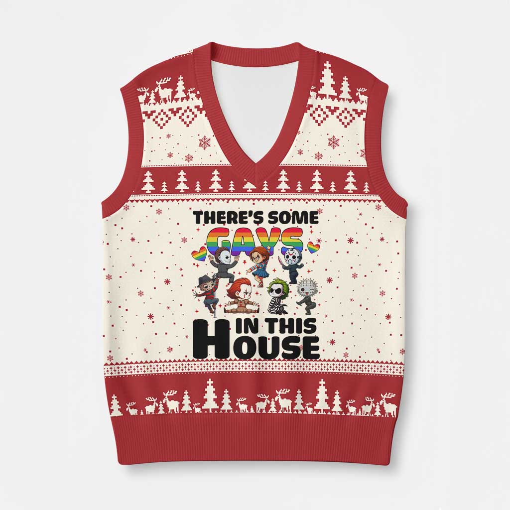 There's Some Gays in This House V-Neck Knit Sweater Vest Funny LGBTQ+ Horror Character Pride Mashup TS02 Beige Red Print Your Wear