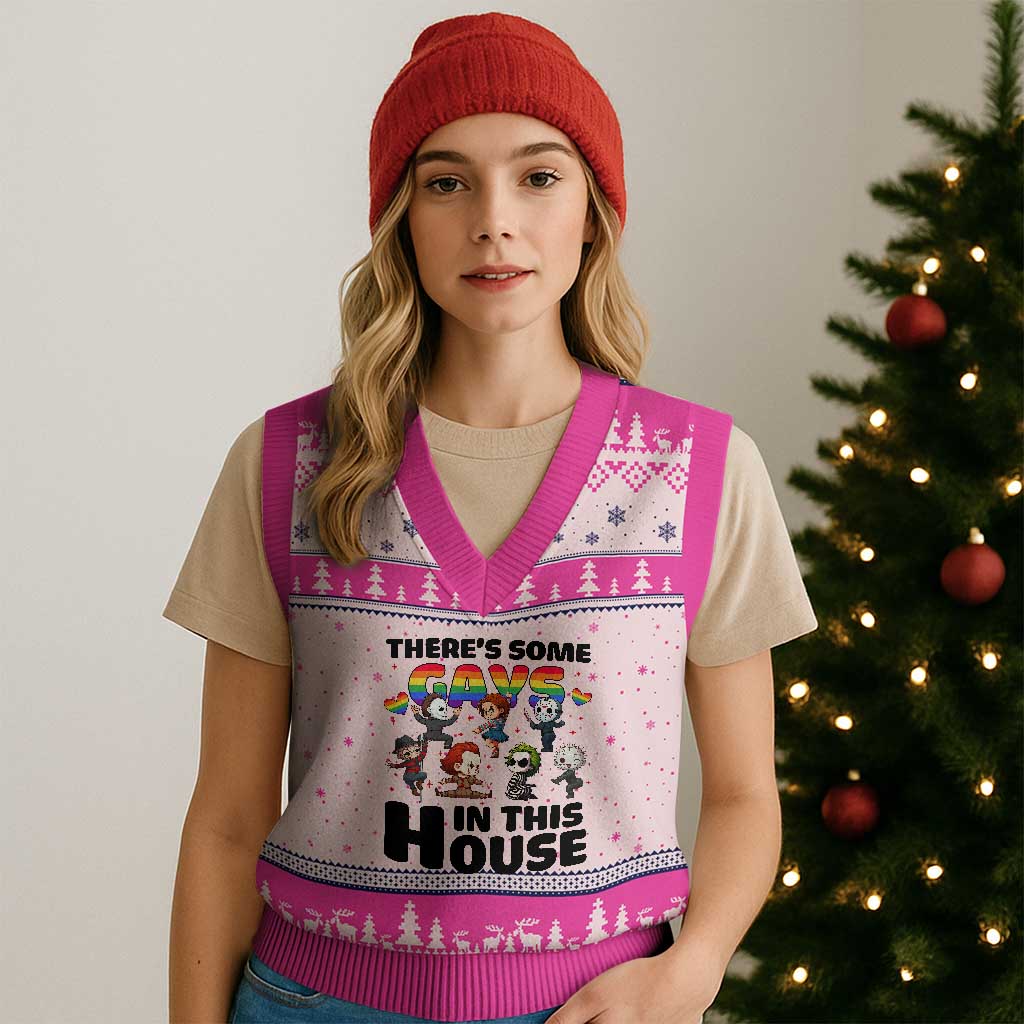 There's Some Gays in This House V-Neck Knit Sweater Vest Funny LGBTQ+ Horror Character Pride Mashup TS02 Hot Pink Print Your Wear