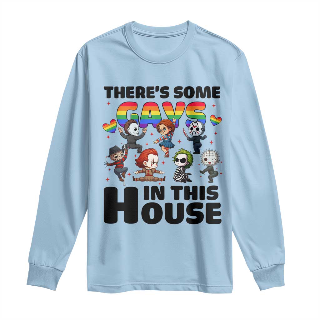 There's Some Gays in This House Long Sleeve Shirt Funny LGBTQ+ Horror Character Pride Mashup TS02 Light Blue Print Your Wear