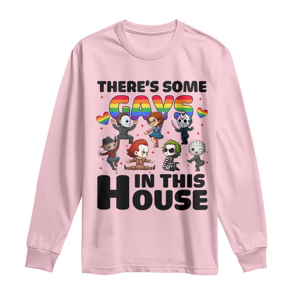 There's Some Gays in This House Long Sleeve Shirt Funny LGBTQ+ Horror Character Pride Mashup TS02 Light Pink Print Your Wear