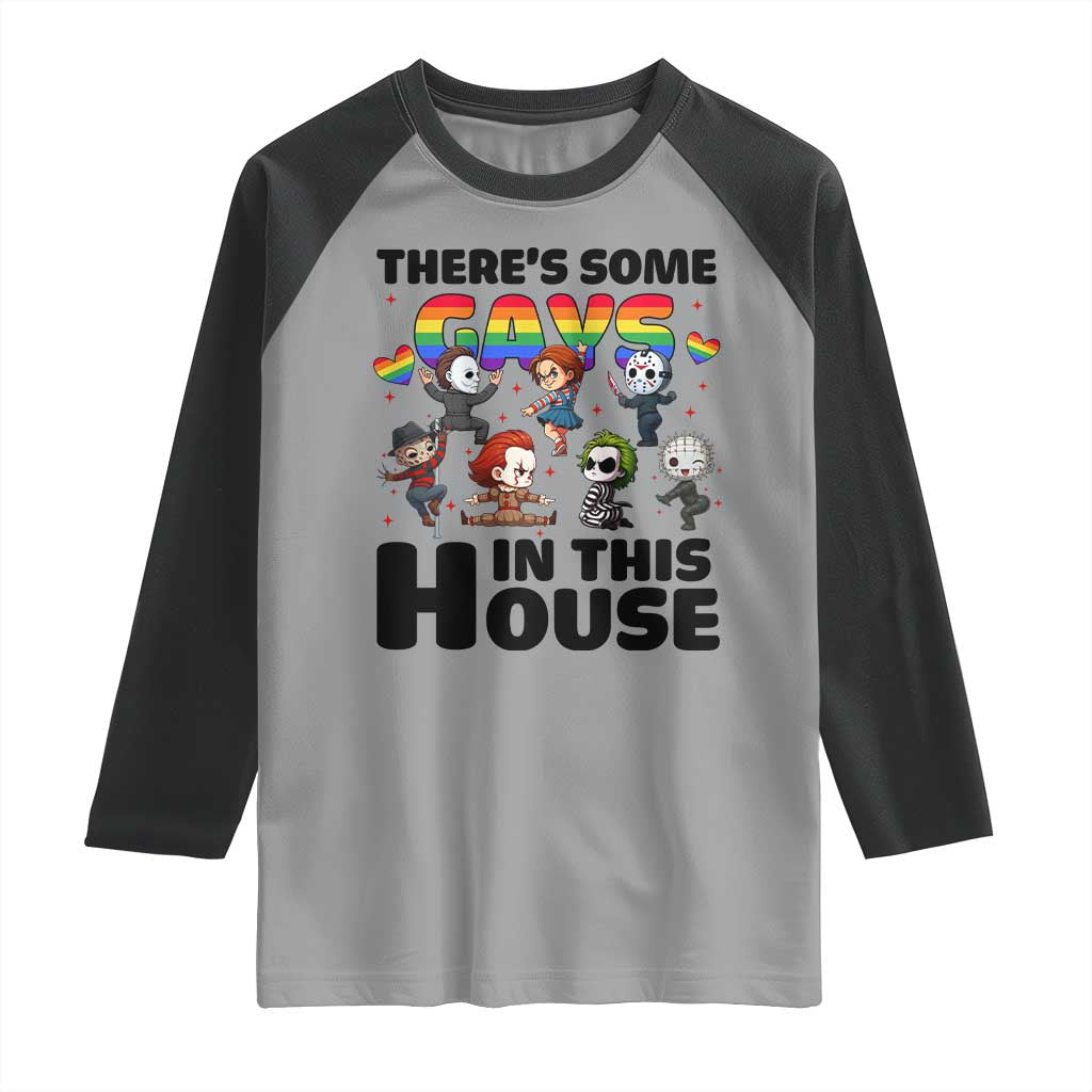 There's Some Gays in This House Raglan Shirt Funny LGBTQ+ Horror Character Pride Mashup TS02 Sport Gray Black Print Your Wear