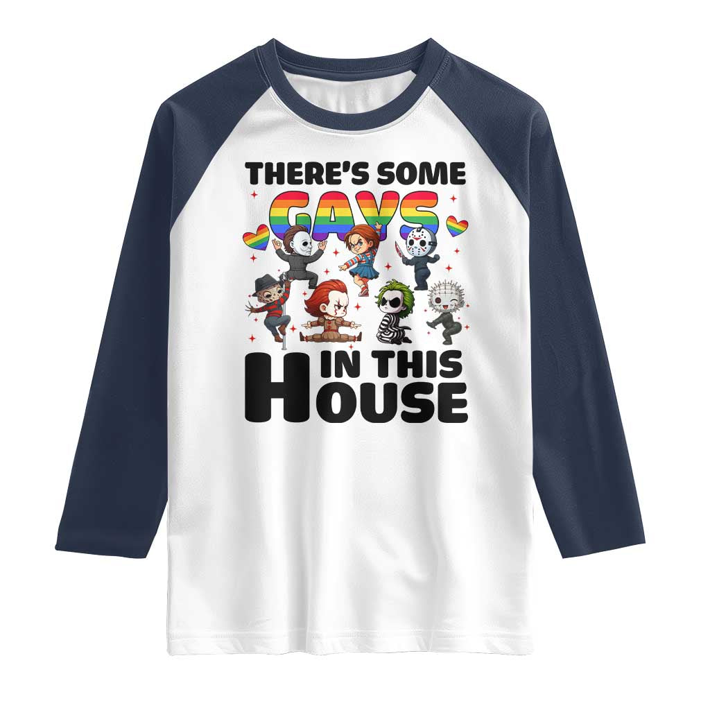 There's Some Gays in This House Raglan Shirt Funny LGBTQ+ Horror Character Pride Mashup TS02 White Navy Print Your Wear