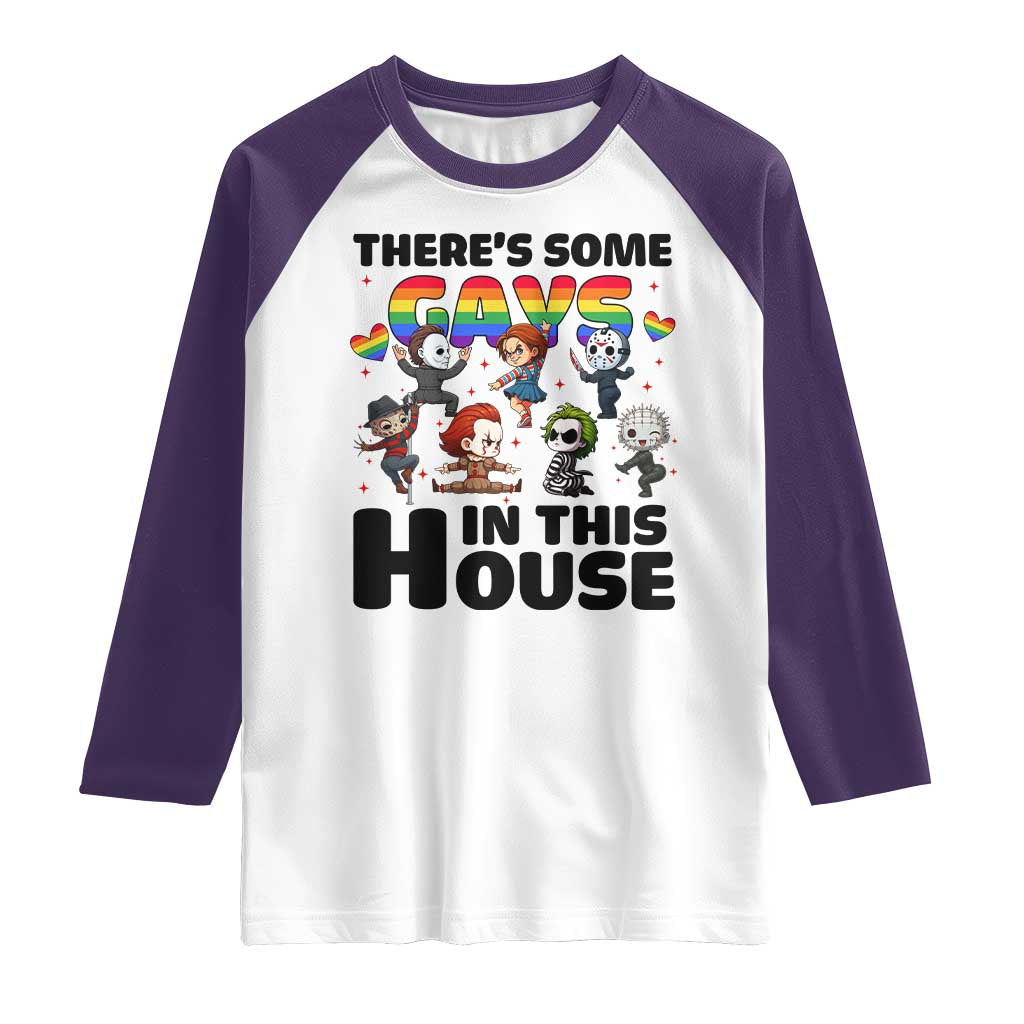 There's Some Gays in This House Raglan Shirt Funny LGBTQ+ Horror Character Pride Mashup TS02 White Purple Print Your Wear