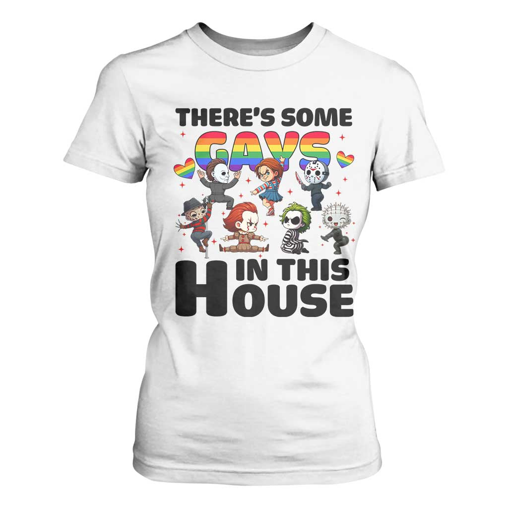 There's Some Gays in This House T Shirt For Women Funny LGBTQ+ Horror Character Pride Mashup TS02 White Print Your Wear