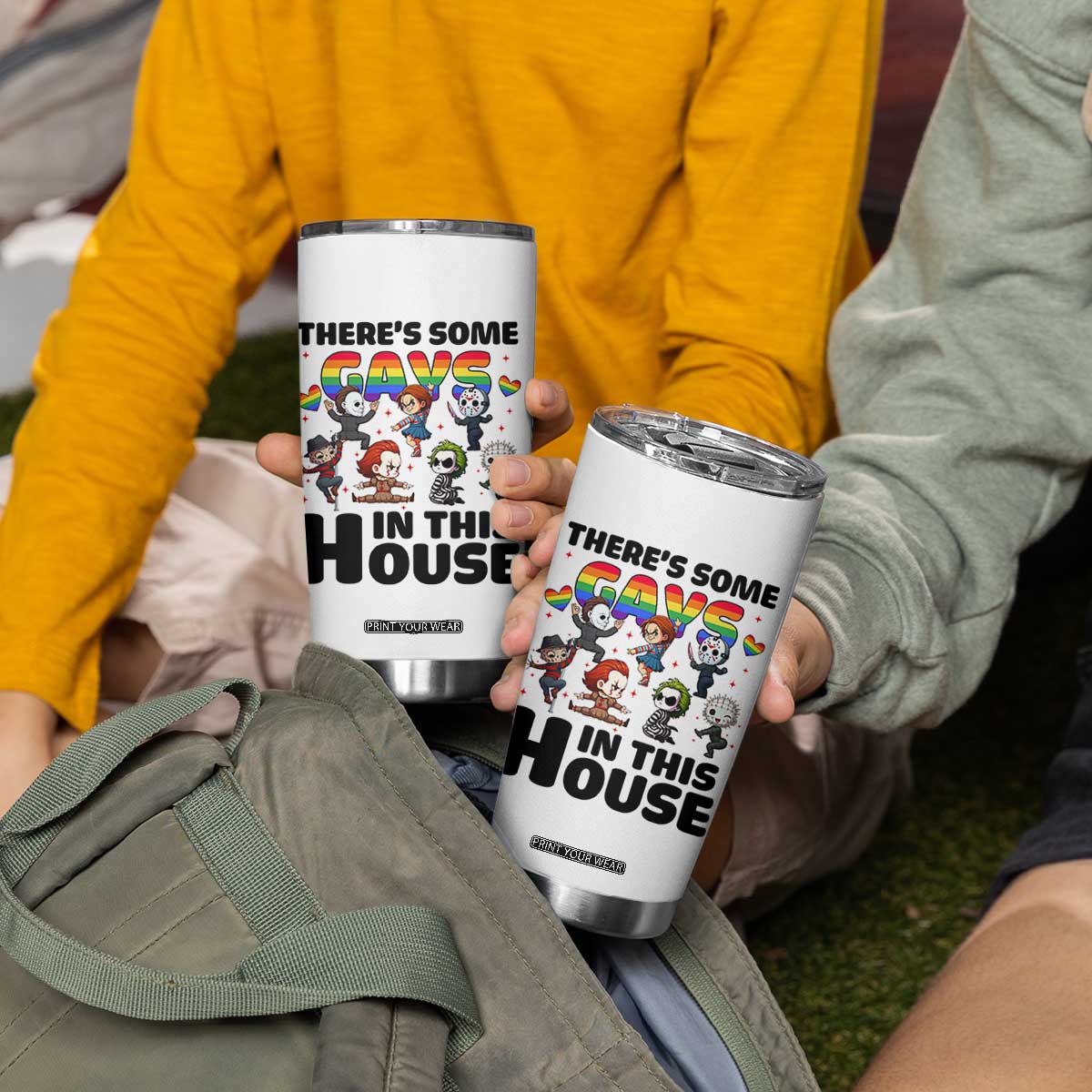 There's Some Gays in This House Tumbler Cup Funny LGBTQ+ Horror Character Pride Mashup TS02 Print Your Wear