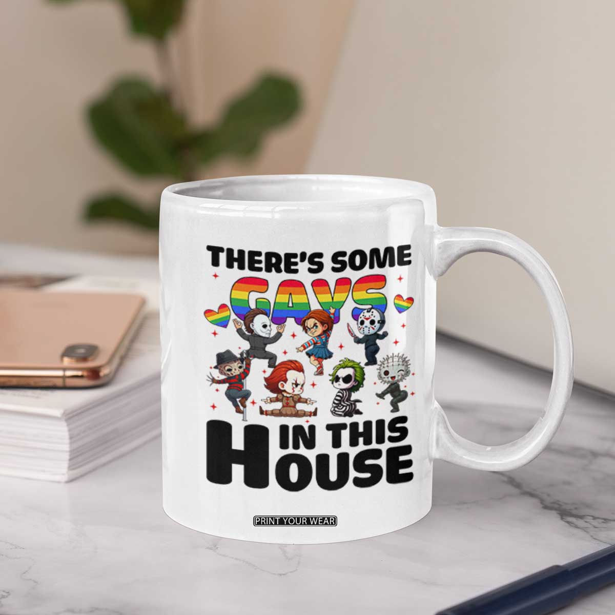There's Some Gays in This House Coffee Mug Funny LGBTQ+ Horror Character Pride Mashup TS02 Print Your Wear