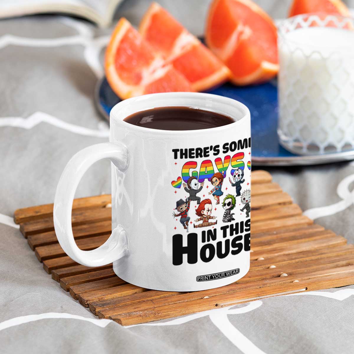 There's Some Gays in This House Coffee Mug Funny LGBTQ+ Horror Character Pride Mashup TS02 Print Your Wear