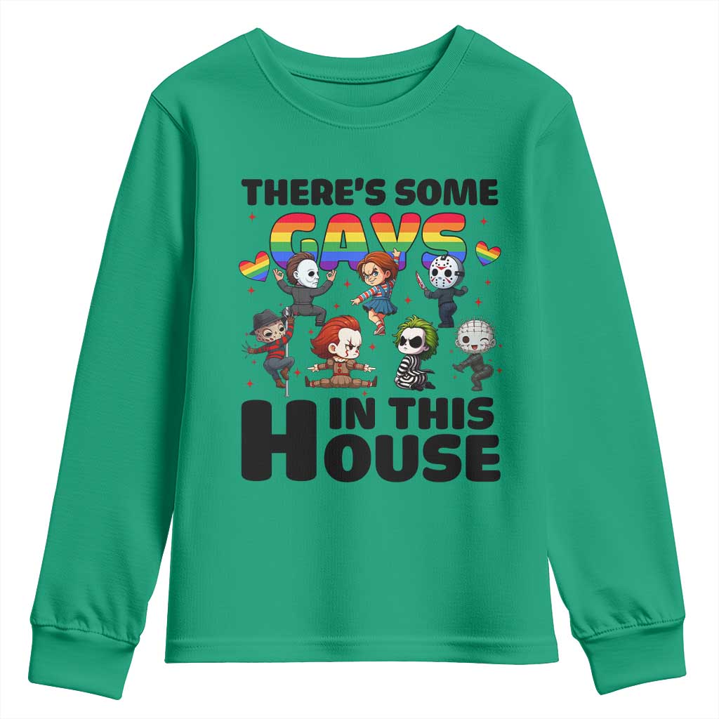 There's Some Gays in This House Youth Sweatshirt Funny LGBTQ+ Horror Character Pride Mashup TS02 Irish Green Print Your Wear