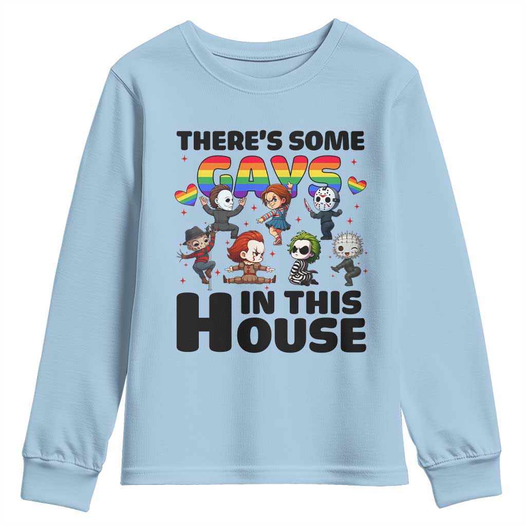 There's Some Gays in This House Youth Sweatshirt Funny LGBTQ+ Horror Character Pride Mashup TS02 Light Blue Print Your Wear
