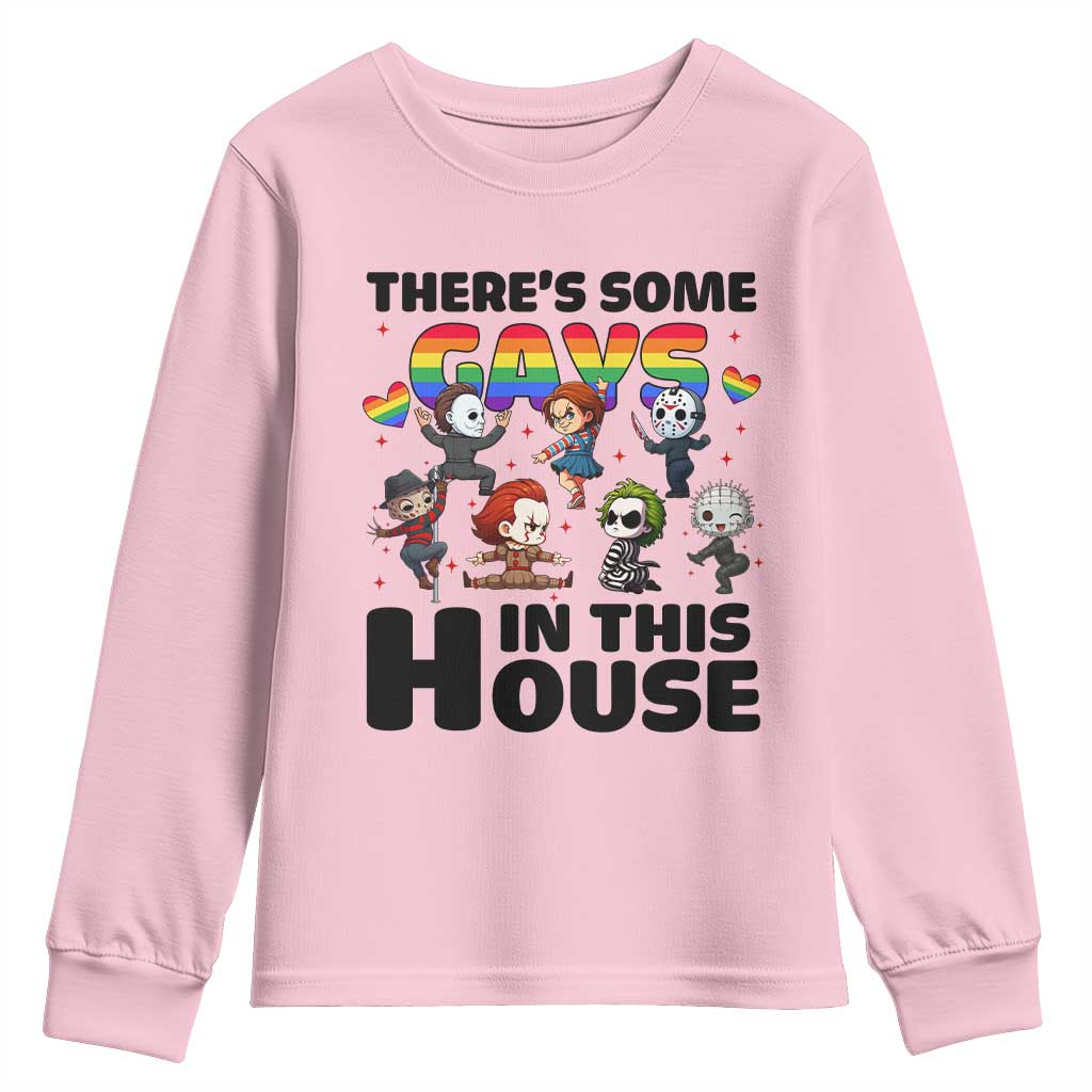 There's Some Gays in This House Youth Sweatshirt Funny LGBTQ+ Horror Character Pride Mashup TS02 Light Pink Print Your Wear