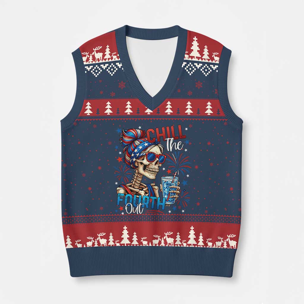 Chill the Fourth Out Skeleton V-Neck Knit Sweater Vest Funny Patriotic 4th of July Fireworks Party TS02 Navy Red Print Your Wear