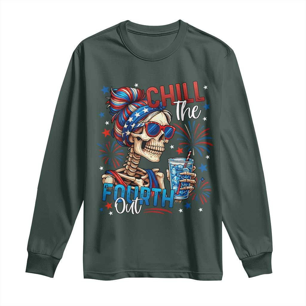 Chill the Fourth Out Skeleton Long Sleeve Shirt Funny Patriotic 4th of July Fireworks Party TS02 Dark Forest Green Print Your Wear