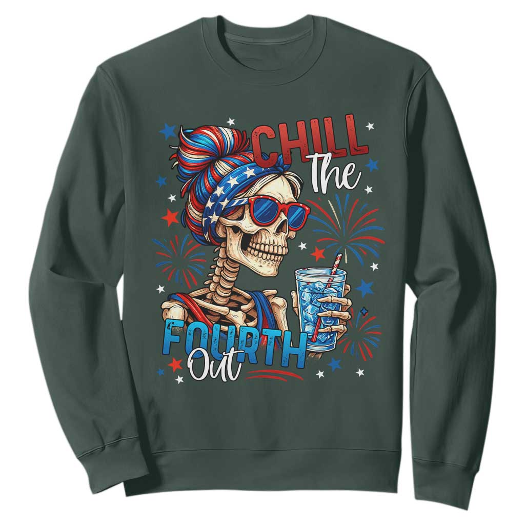 Chill the Fourth Out Skeleton Sweatshirt Funny Patriotic 4th of July Fireworks Party TS02 Dark Forest Green Print Your Wear