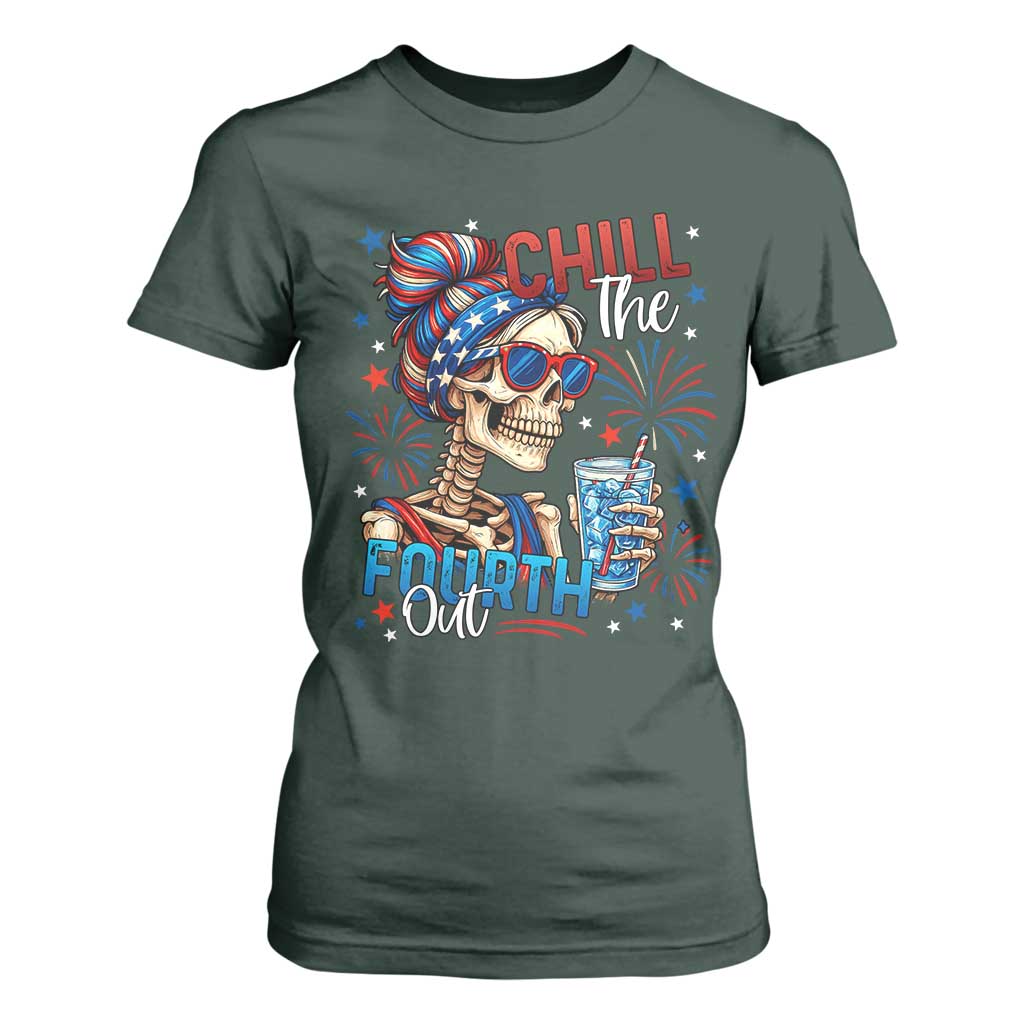 Chill the Fourth Out Skeleton T Shirt For Women Funny Patriotic 4th of July Fireworks Party TS02 Dark Forest Green Print Your Wear