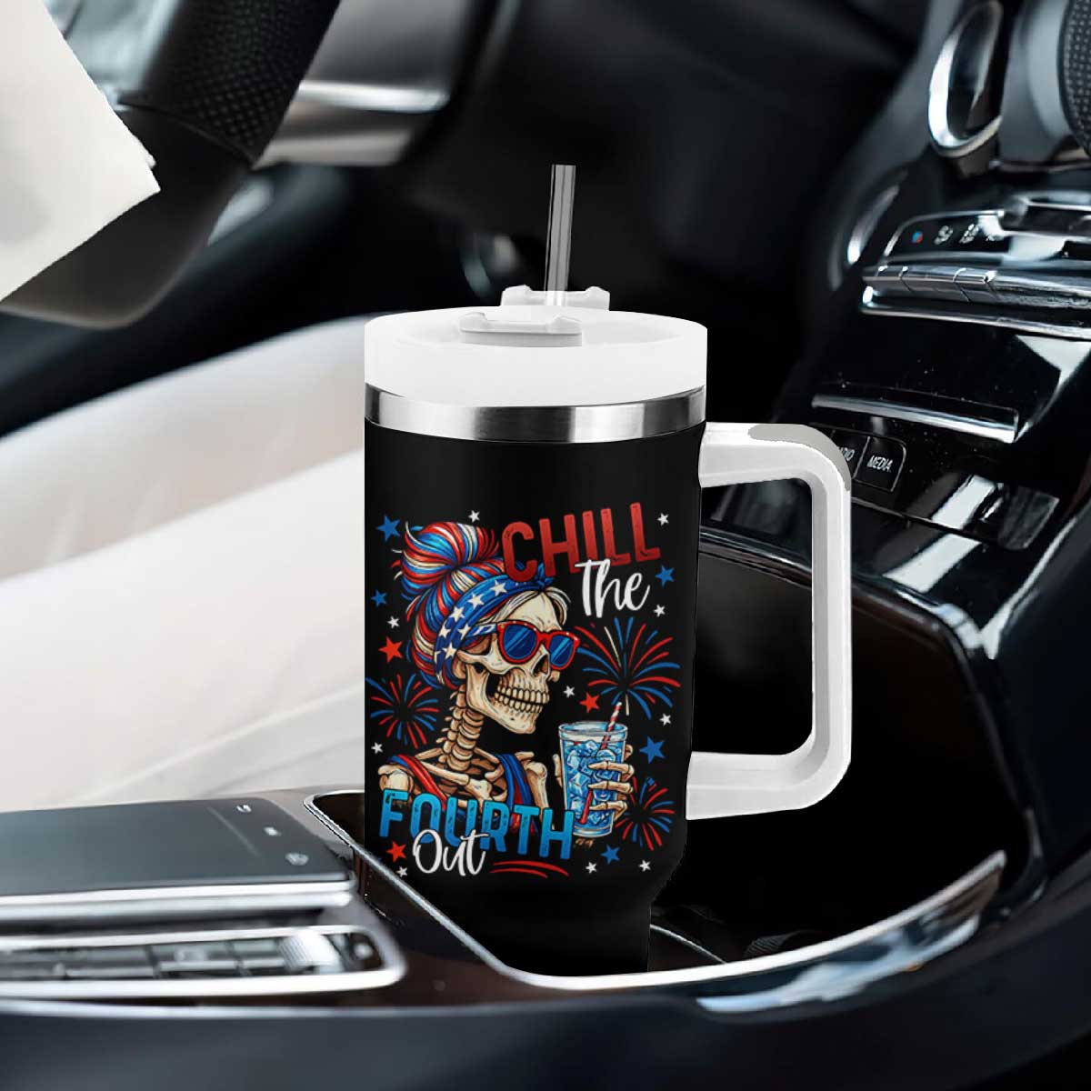 Chill the Fourth Out Skeleton Tumbler With Handle Funny Patriotic 4th of July Fireworks Party TS02 Print Your Wear