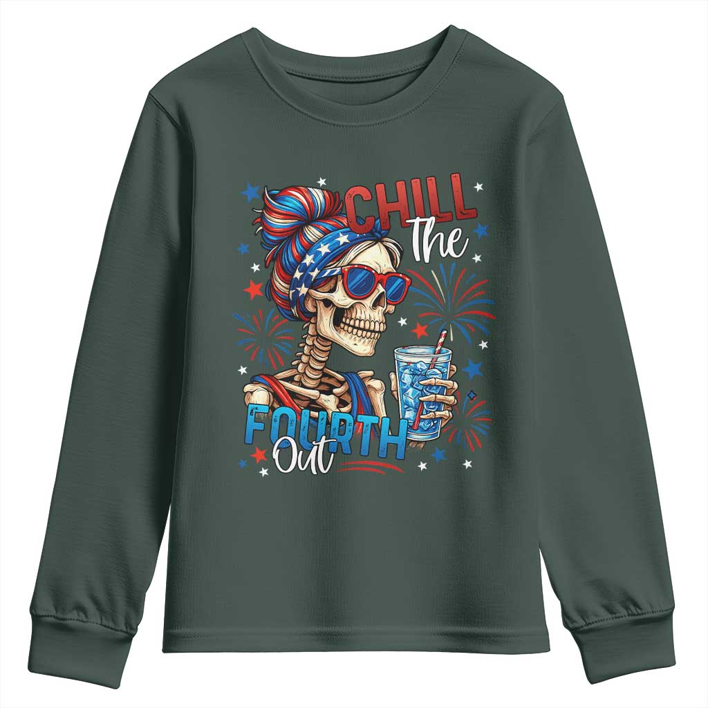 Chill the Fourth Out Skeleton Youth Sweatshirt Funny Patriotic 4th of July Fireworks Party TS02 Dark Forest Green Print Your Wear