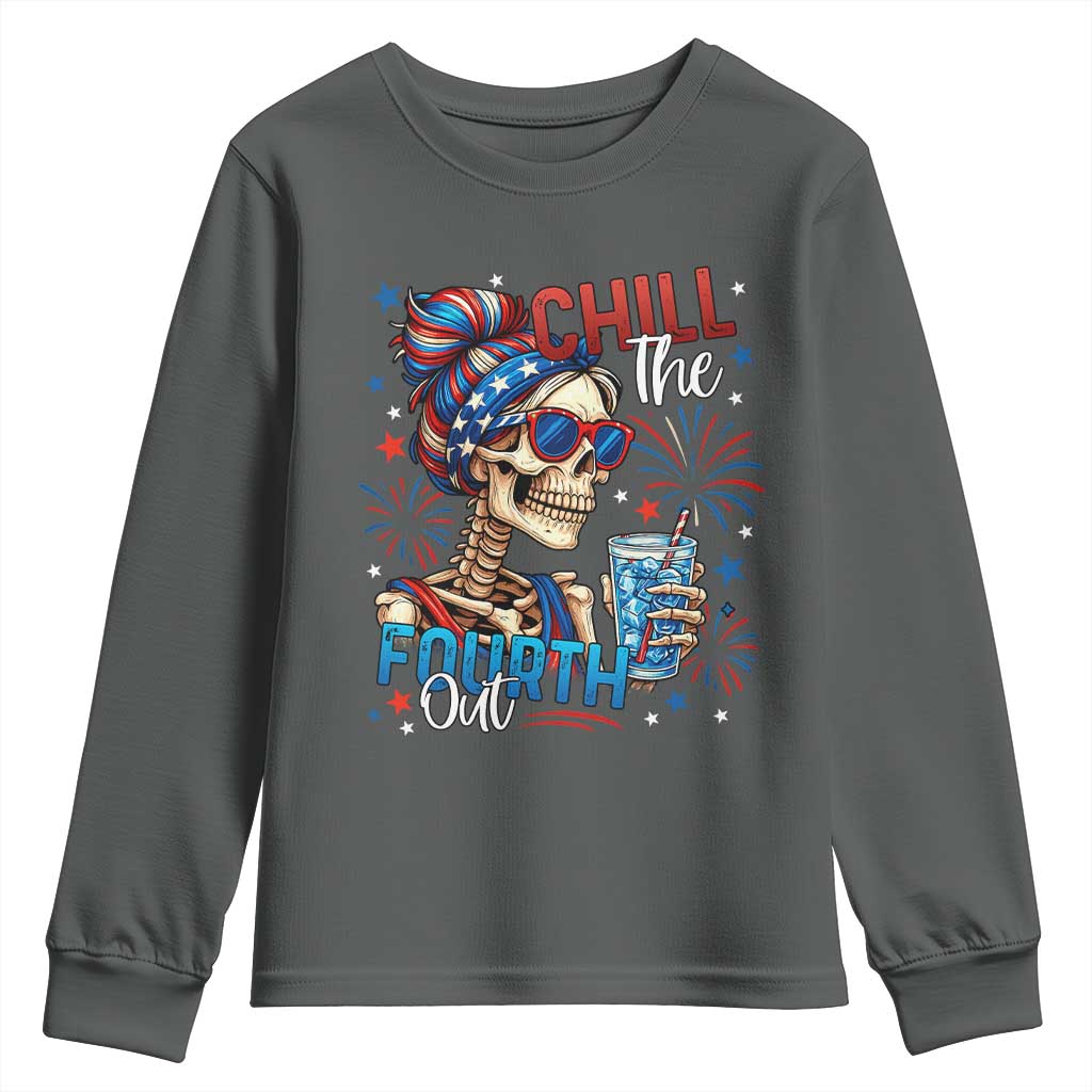 Chill the Fourth Out Skeleton Youth Sweatshirt Funny Patriotic 4th of July Fireworks Party TS02 Dark Heather Print Your Wear