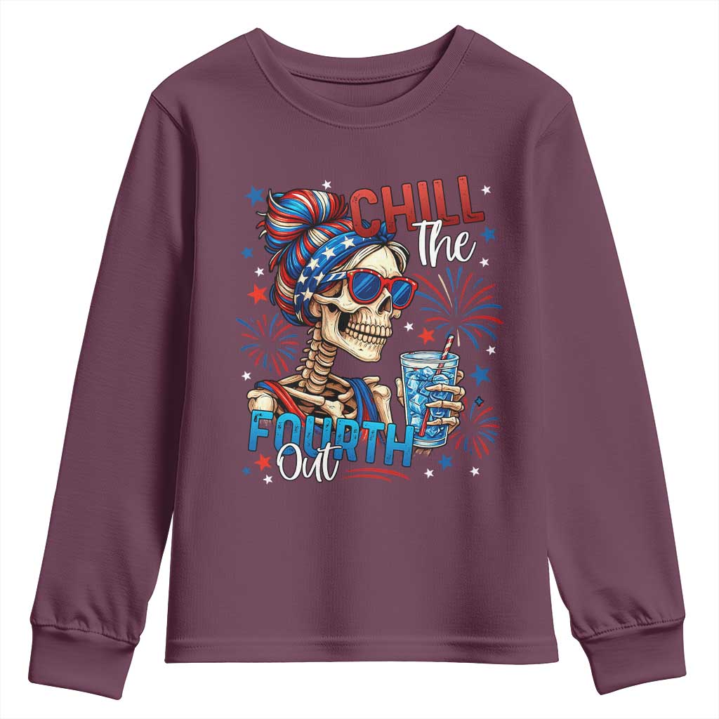 Chill the Fourth Out Skeleton Youth Sweatshirt Funny Patriotic 4th of July Fireworks Party TS02 Maroon Print Your Wear