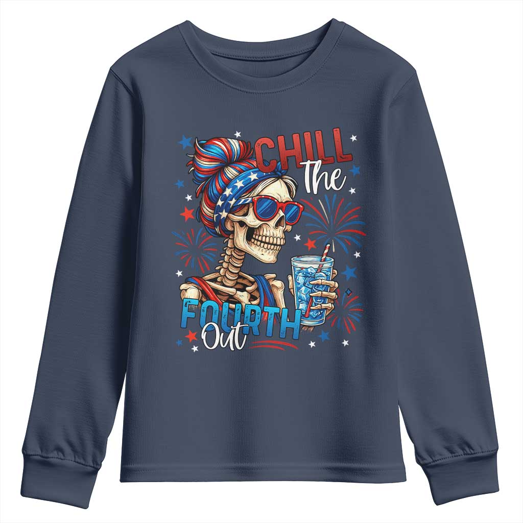 Chill the Fourth Out Skeleton Youth Sweatshirt Funny Patriotic 4th of July Fireworks Party TS02 Navy Print Your Wear