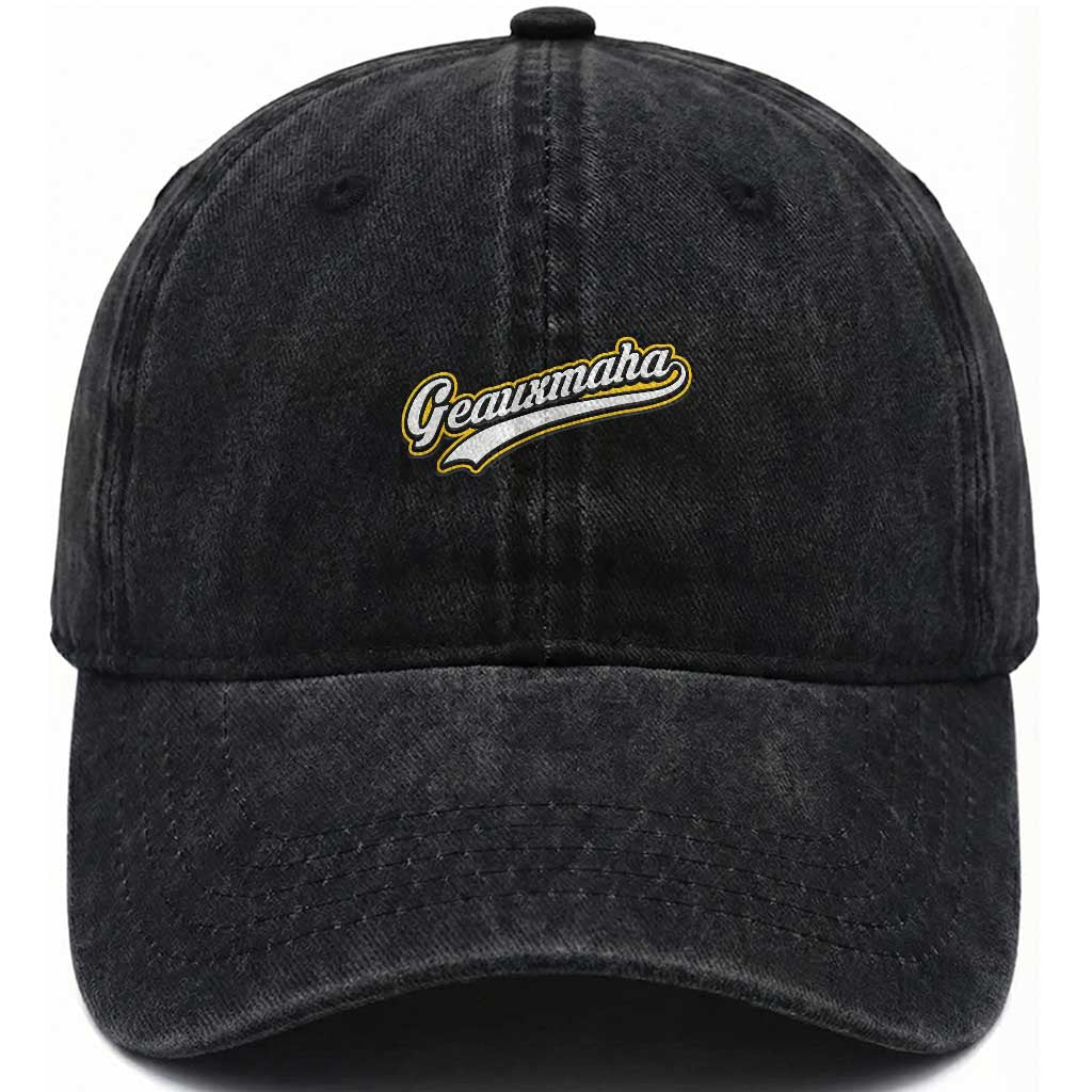 Geauxmaha Vintage Throwback Design Washed Cotton Baseball Cap Purple and Gold Baseball Fan TS02 Washed Cap Universal Fit Black Print Your Wear