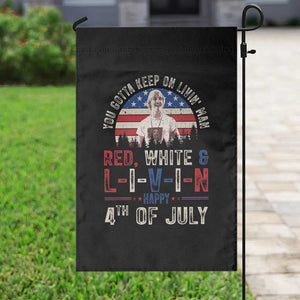Red White and Livin Happy 4th of July Patriotic Garden Flag Funny Retro Movie Quote You Gotta Keep On Living Man TS02 Print Your Wear