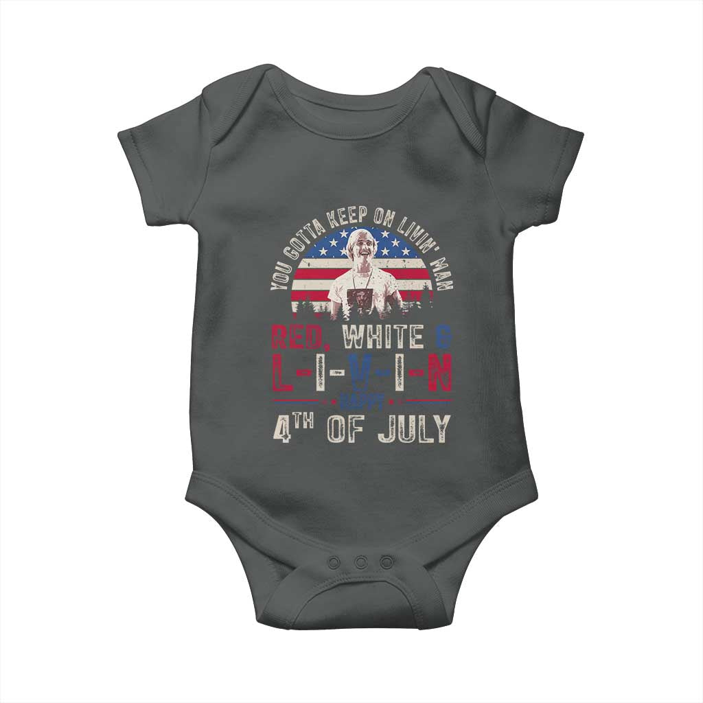Red White and Livin Happy 4th of July Patriotic Baby Onesie Funny Retro Movie Quote You Gotta Keep On Living Man TS02 Dark Heather Print Your Wear