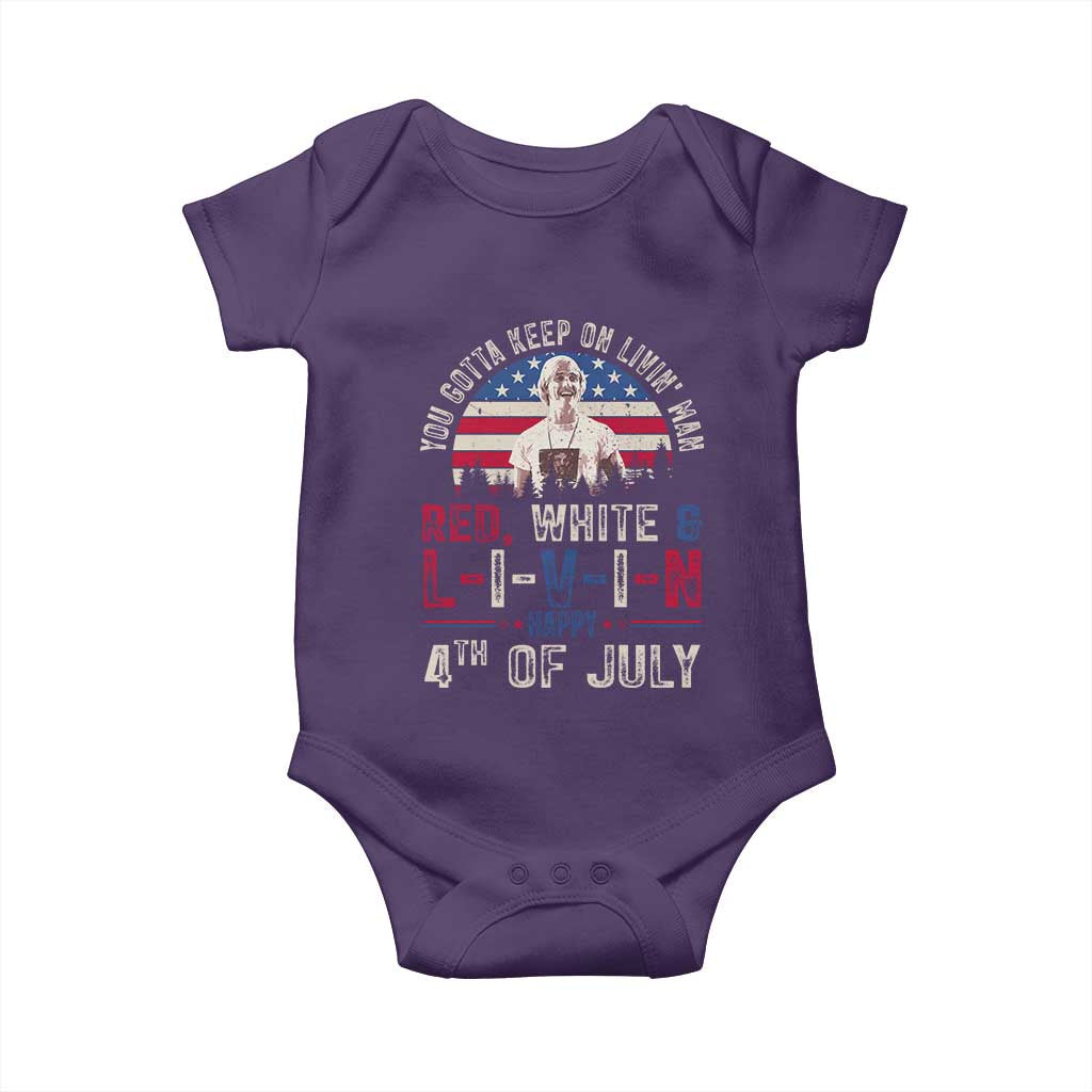Red White and Livin Happy 4th of July Patriotic Baby Onesie Funny Retro Movie Quote You Gotta Keep On Living Man TS02 Purple Print Your Wear