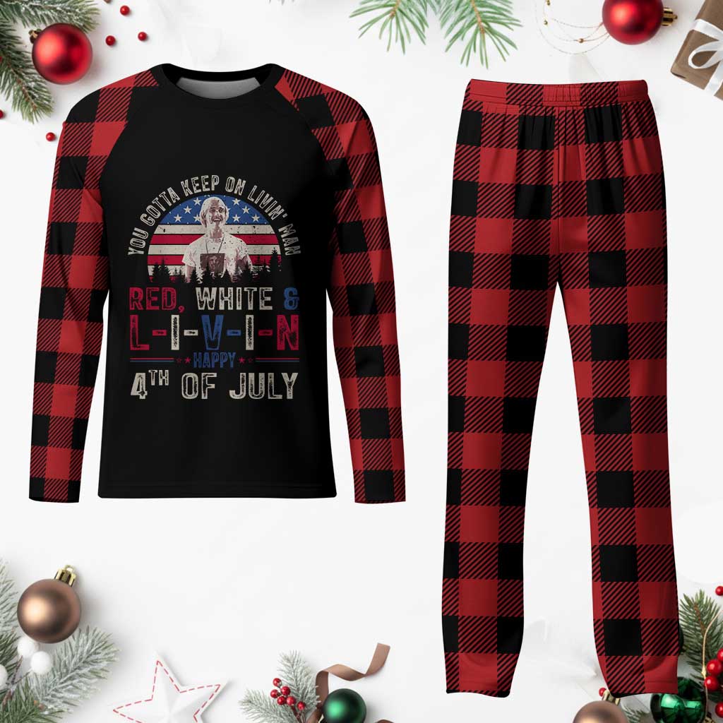 Red White and Livin Happy 4th of July Patriotic Plaid Pajama Set Funny Retro Movie Quote You Gotta Keep On Living Man