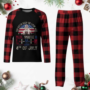 Red White and Livin Happy 4th of July Patriotic Plaid Pajama Set Funny Retro Movie Quote You Gotta Keep On Living Man