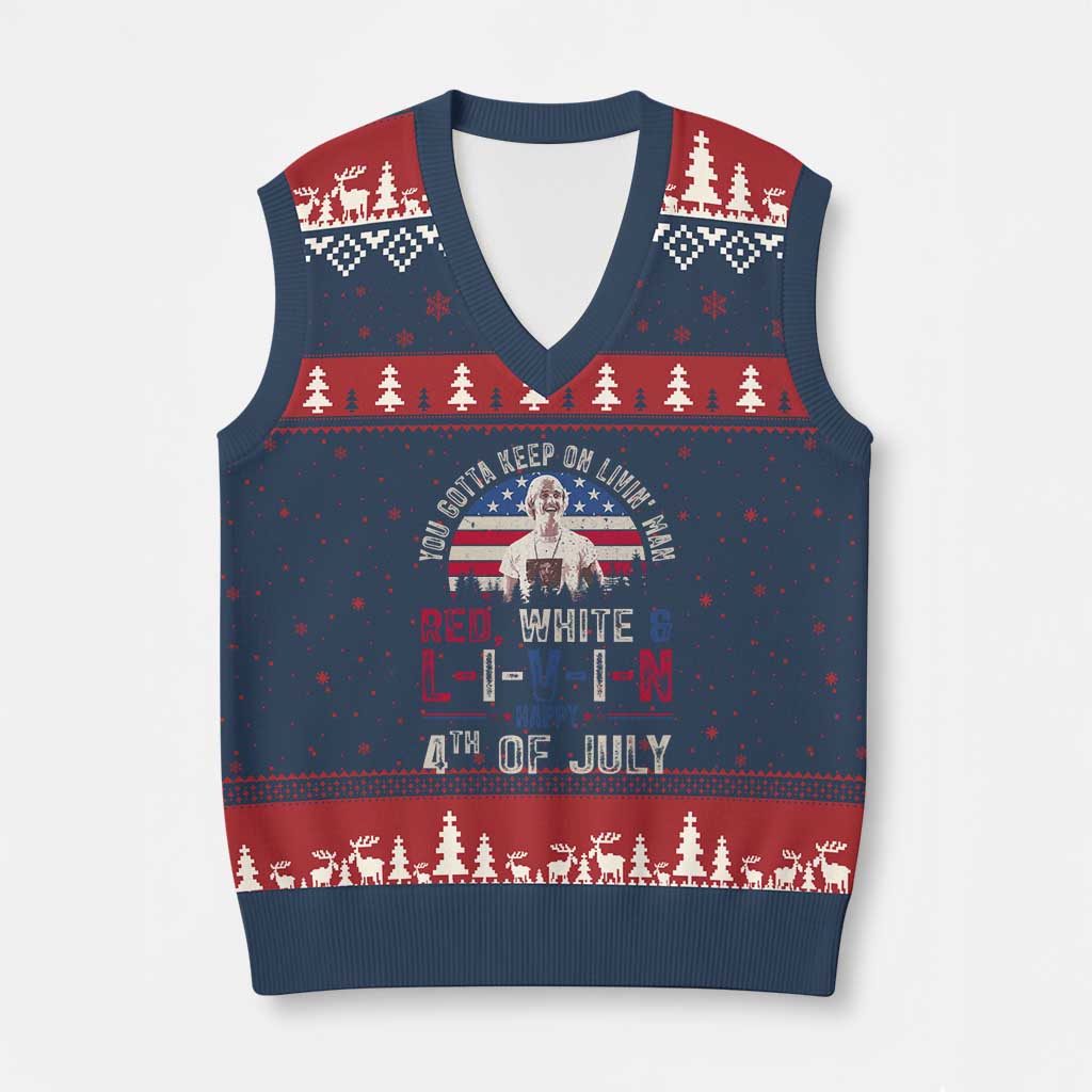 Red White and Livin Happy 4th of July Patriotic V-Neck Knit Sweater Vest Funny Retro Movie Quote You Gotta Keep On Living Man TS02 Navy Red Print Your Wear