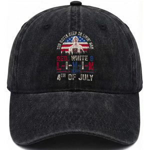 Red White and Livin Happy 4th of July Patriotic Washed Cotton Baseball Cap Funny Retro Movie Quote You Gotta Keep On Living Man