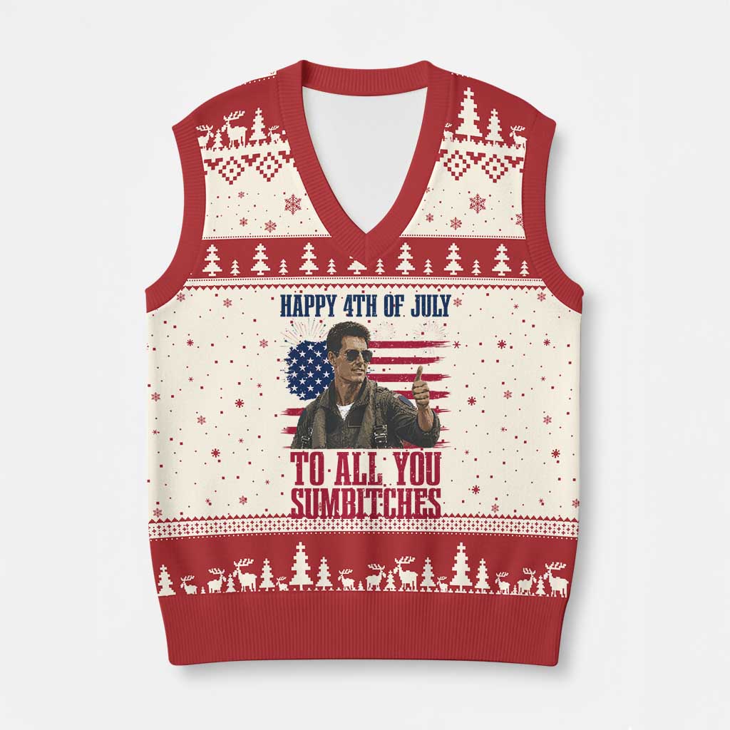 Happy 4th of July To All You Sumbitches Patriotic Graphic V-Neck Knit Sweater Vest Funny Fighter Pilot Retro Action Movie Humor Inspo TS02 Beige Red Print Your Wear