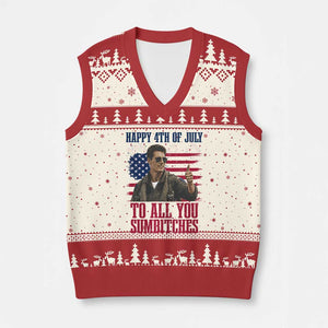 Happy 4th of July To All You Sumbitches Patriotic Graphic V-Neck Knit Sweater Vest Funny Fighter Pilot Retro Action Movie Humor Inspo TS02 Beige Red Print Your Wear