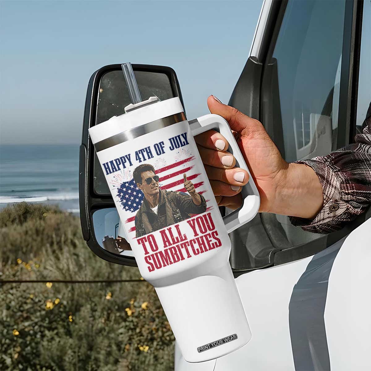 Happy 4th of July To All You Sumbitches Patriotic Graphic Tumbler With Handle Funny Fighter Pilot Retro Action Movie Humor Inspo TS02 Print Your Wear