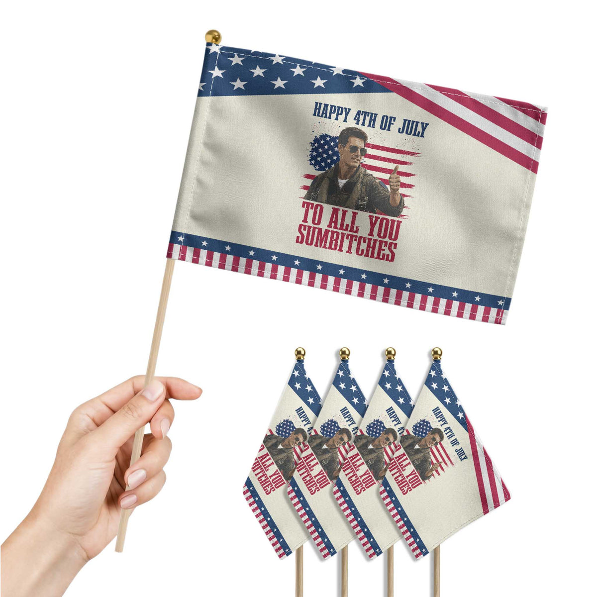 Happy 4th of July To All You Sumbitches Graphic Patriotic Handheld Flag Funny Fighter Pilot Retro Action Movie Humor Inspo