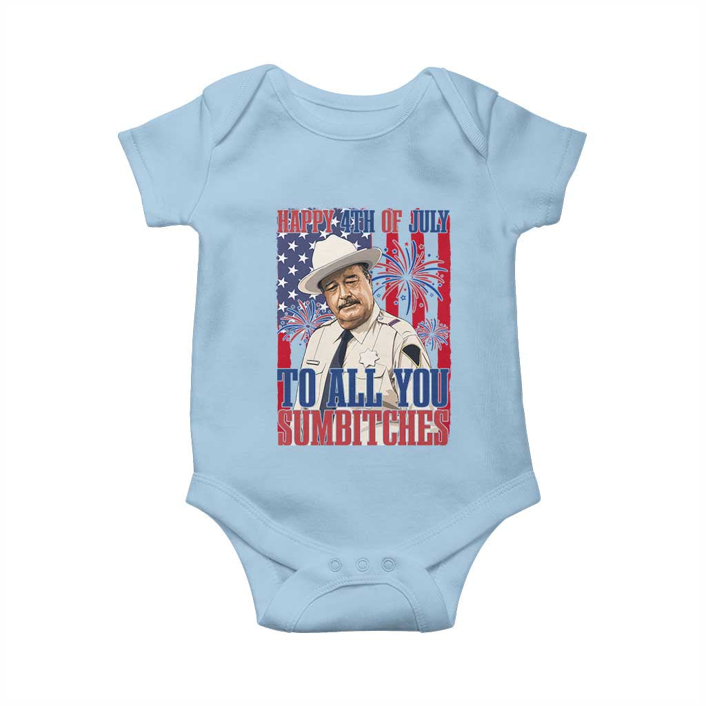 Happy 4th of July To All You Sumbitches Funny Sheriff Patriotic Graphic Baby Onesie Retro Movie Quote Inspo Country Humor TS02 Light Blue Print Your Wear