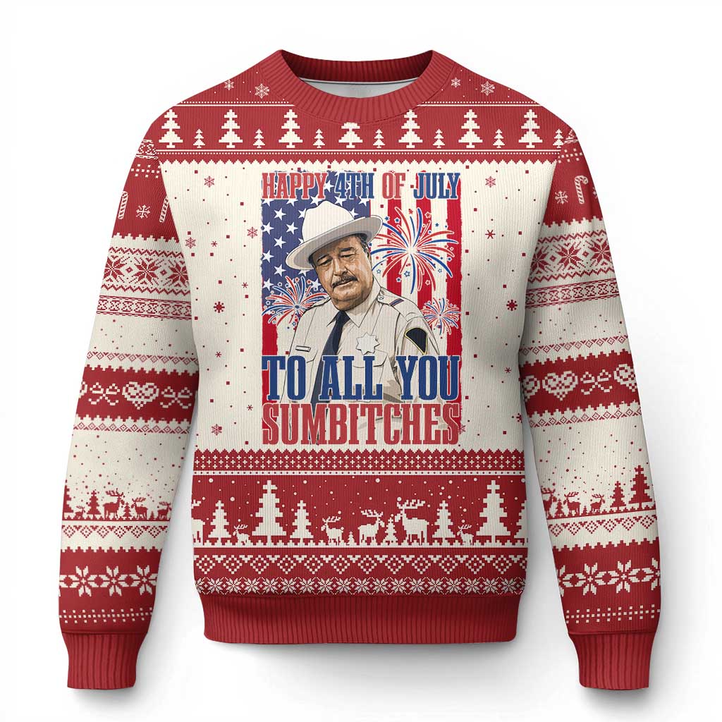 Happy 4th of July To All You Sumbitches Funny Sheriff Patriotic Graphic Ugly Christmas Sweater Retro Movie Quote Inspo Country Humor
