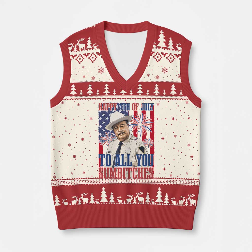 Happy 4th of July To All You Sumbitches Funny Sheriff Patriotic Graphic V-Neck Knit Sweater Vest Retro Movie Quote Inspo Country Humor TS02 Beige Red Print Your Wear