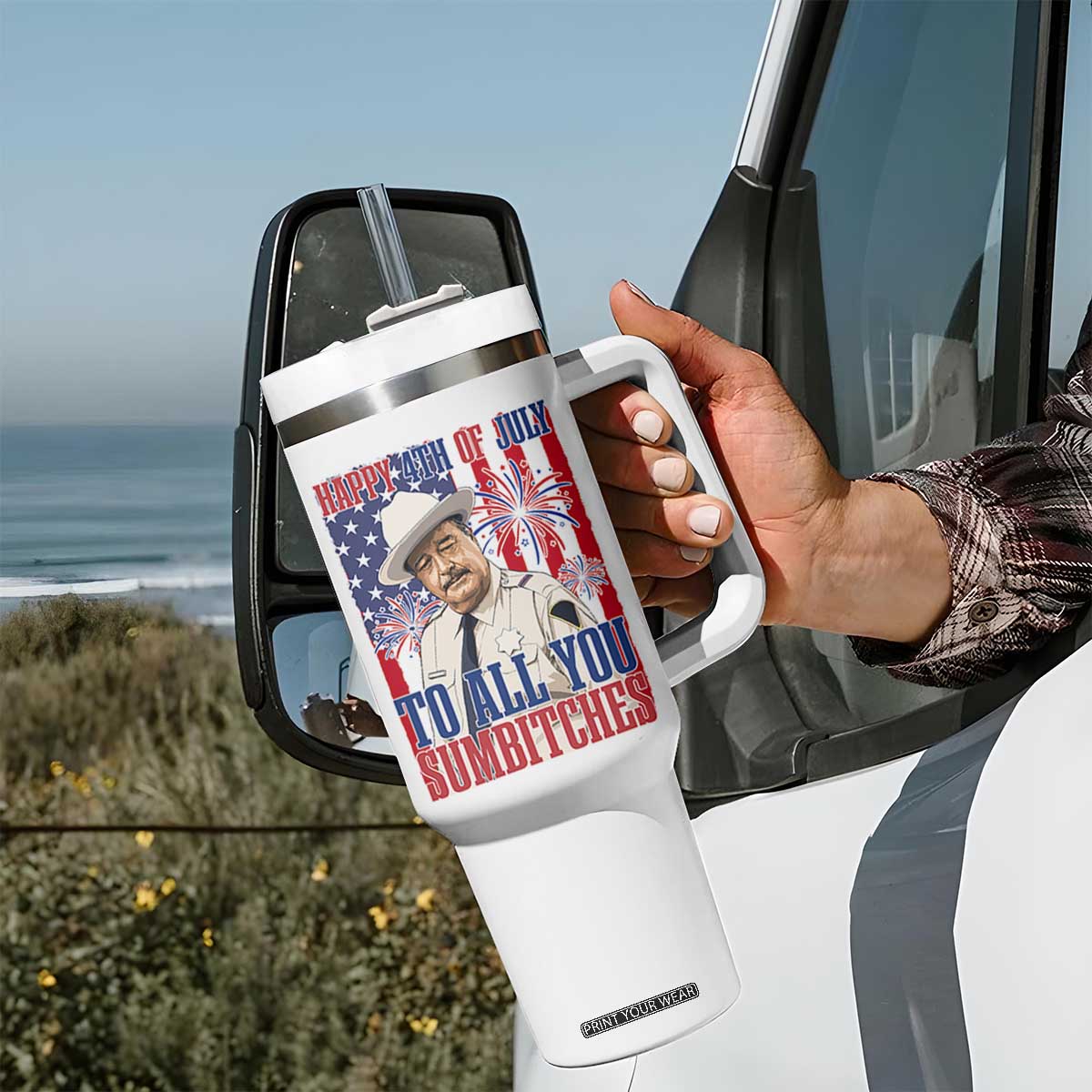 Happy 4th of July To All You Sumbitches Funny Sheriff Patriotic Graphic Tumbler With Handle Retro Movie Quote Inspo Country Humor TS02 Print Your Wear