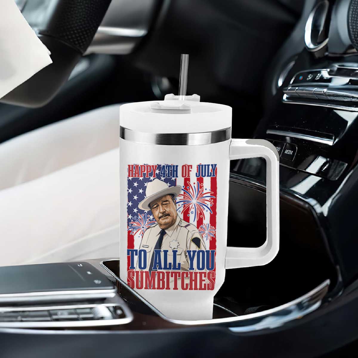 Happy 4th of July To All You Sumbitches Funny Sheriff Patriotic Graphic Tumbler With Handle Retro Movie Quote Inspo Country Humor TS02 Print Your Wear