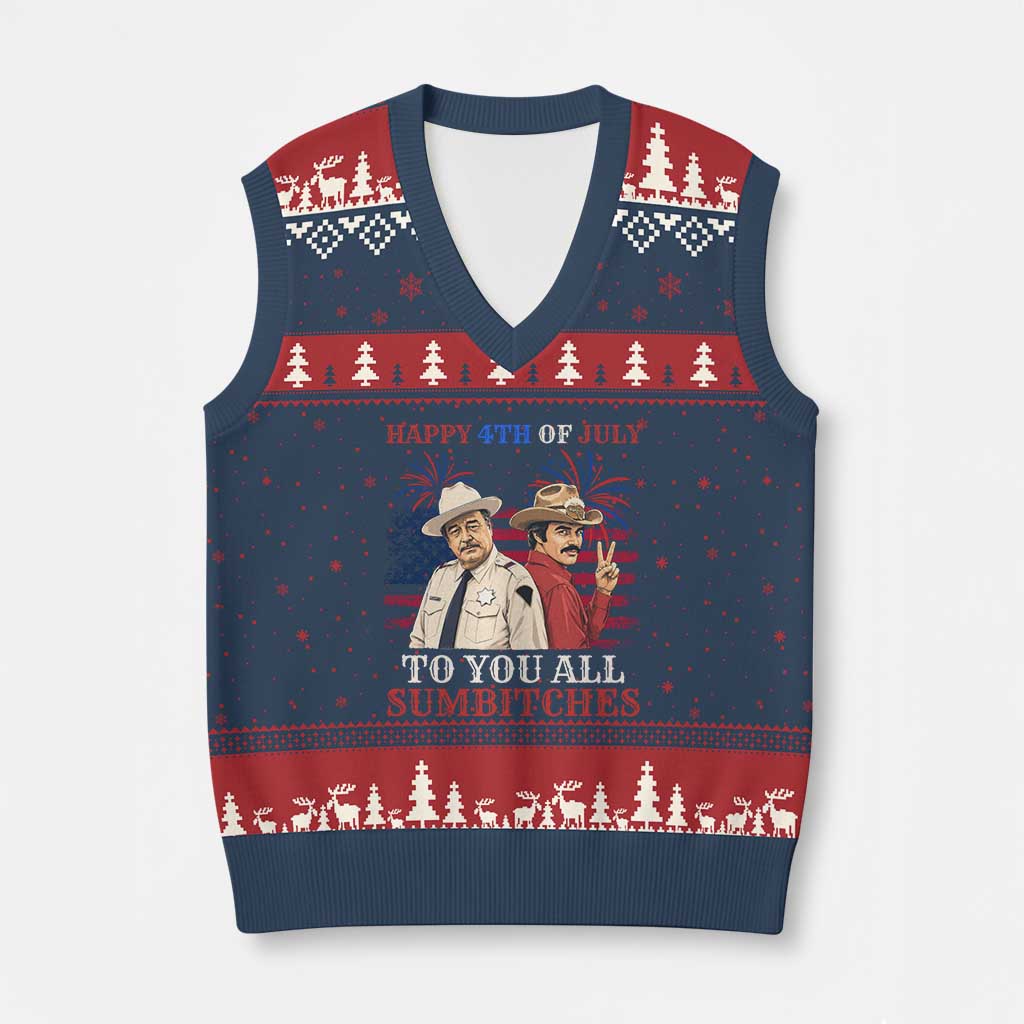 Happy 4th of July To All You Sumbitches Country Humor V-Neck Knit Sweater Vest Vintage Southern Cowboy Patriotic Graphic TS02 Navy Red Print Your Wear