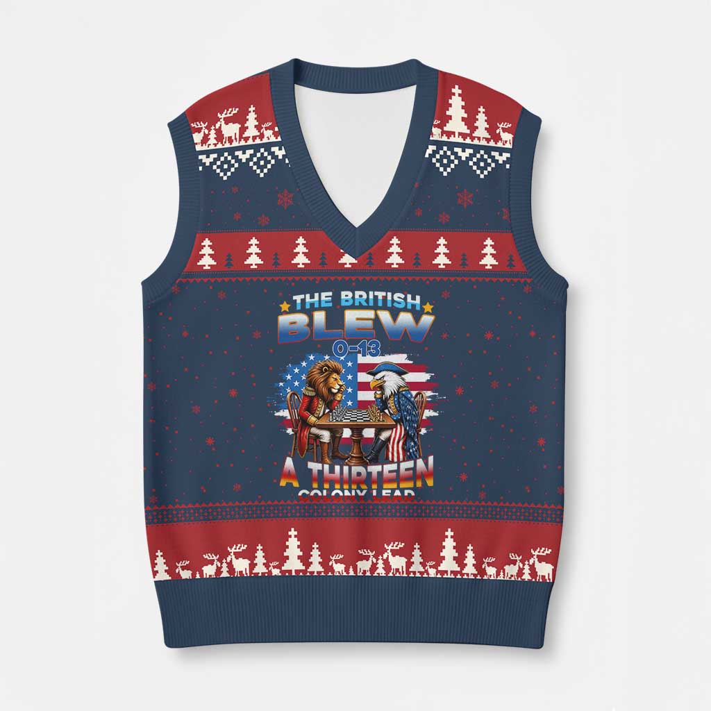The British Blew A Thirteen Colony Lead 0-13 Lion vs Eagle V-Neck Knit Sweater Vest Chess Match Patriotic 4th of July Funny History Graphic