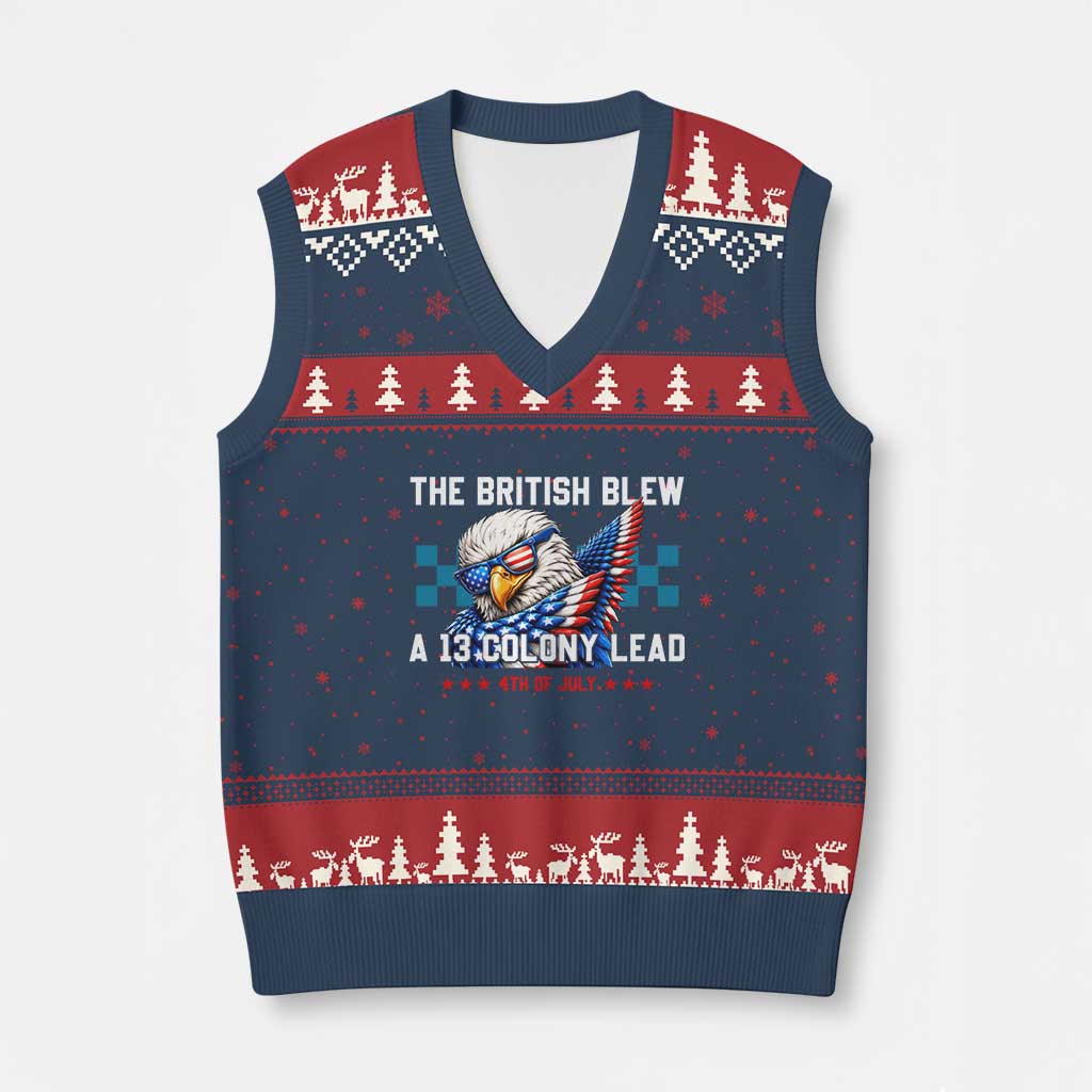 The British Blew A 13 Colony Lead Dabbing Eagle V-Neck Knit Sweater Vest Funny Patriotic 4th of July History Humor Graphic