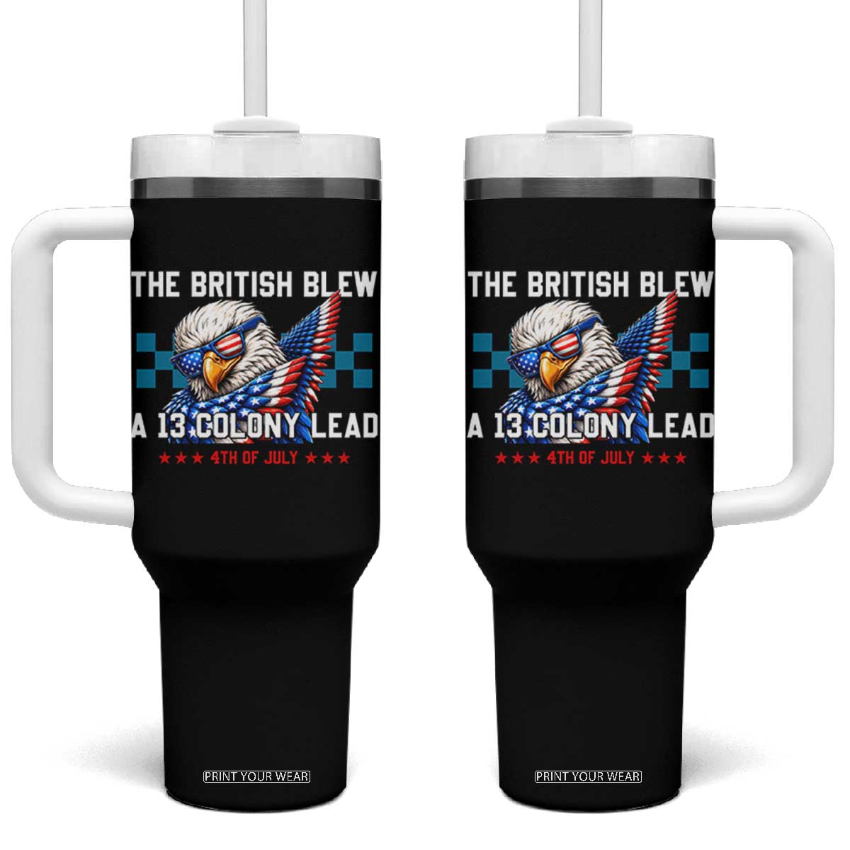 The British Blew A 13 Colony Lead Dabbing Eagle Tumbler With Handle Funny Patriotic 4th of July History Humor Graphic