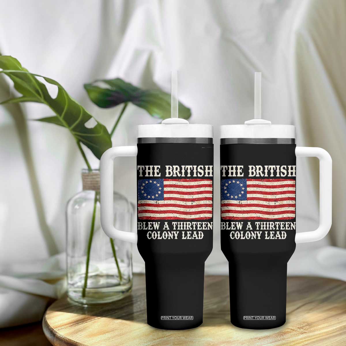 The British Blew A Thirteen Colony Lead Betsy Ross Flag Tumbler With Handle Vintage Patriotic 4th of July History Graphic