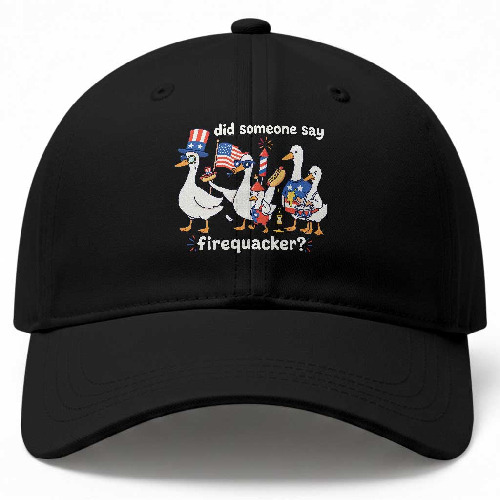 Funny Patriotic Duck Family 4th of July Fireworks Baseball Cap Did Someone Say Firequacker Word Pun Cute Graphic
