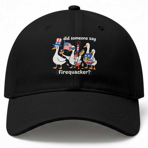 Funny Patriotic Duck Family 4th of July Fireworks Baseball Cap Did Someone Say Firequacker Word Pun Cute Graphic
