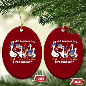 Funny Patriotic Duck Family 4th of July Fireworks Ceramic Ornament Did Someone Say Firequacker Word Pun Cute Graphic