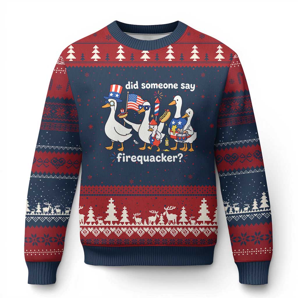 Funny Patriotic Duck Family 4th of July Fireworks Ugly Christmas Sweater Did Someone Say Firequacker Word Pun Cute Graphic